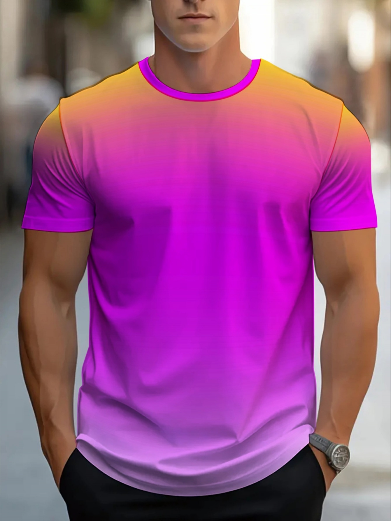 T Shirt Dry Fit - Pomarańczowo-magenta gradientowa koszulka sportowa z okrągłym